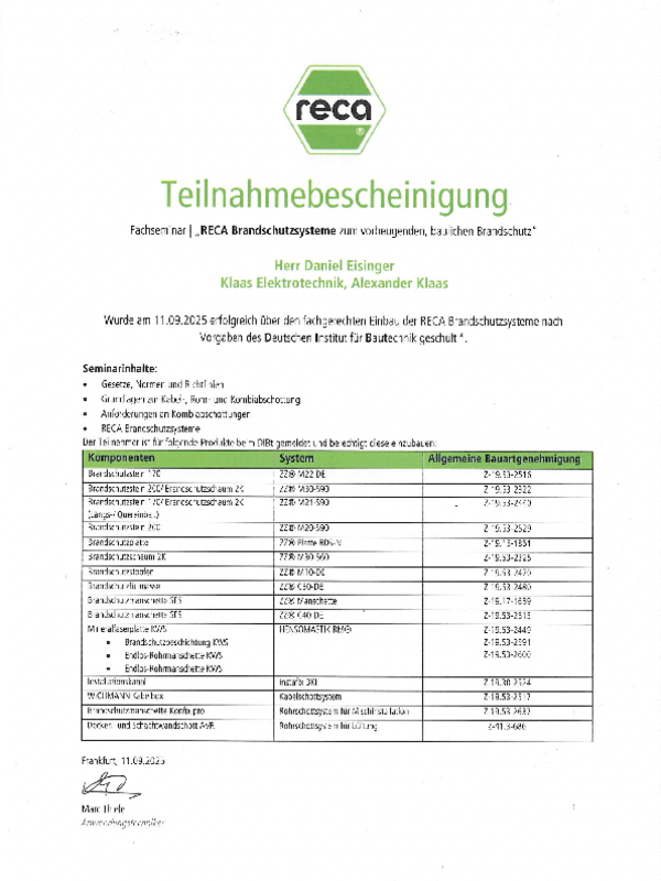RECA Brandschutzsysteme bei Klaas Elektrotechnik GmbH & Co. KG in Oberursel